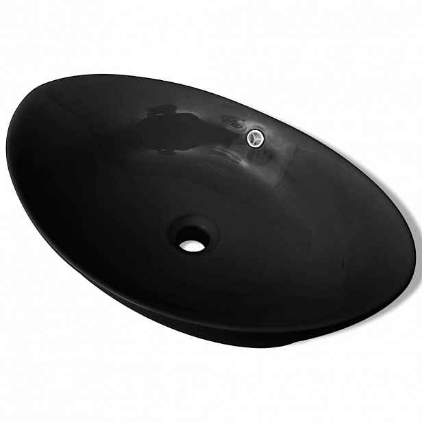 vidaXL Černé luxusní keramické oválné umyvadlo s přepadem - 59 x 38,5 cm