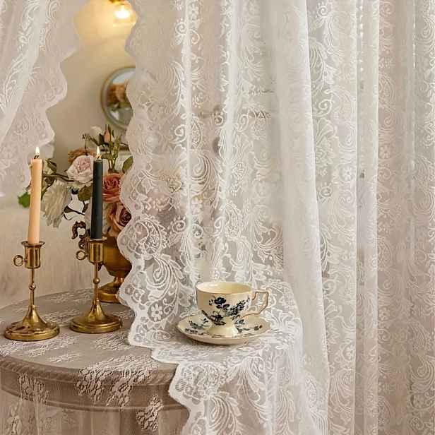 TEMU Francouzská vintage elegantní krajková tylová záclona, která se snadno instaluje bez vrtání, poloprůhledná pro okna ložnice obvodové zdi