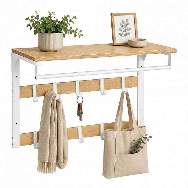 Relaxdays VĚŠÁK dub bílá 3-v-1 10 háčků 65 cm