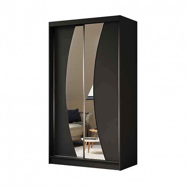 ALTDECOR ŠATNÍ SKŘÍŇ se zrcadlovými posuvnými dveřmi a hliníkovými lamelami, LED osvětlení – VOXI – 120 cm černá