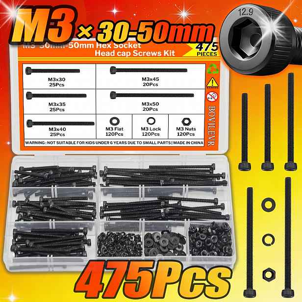 TEMU Sada 475 ks šroubů s válcovou hlavou M3 X 30mm//40mm/45mm/50mm, dlouhé šrouby M3, metrické šrouby, šrouby, podložky, matice, sada strojních