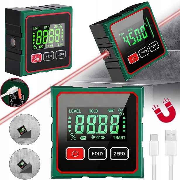4X90° Elektronický Digitální Laserový Úhloměr – Nabíjí Se Přes Usb LCD
