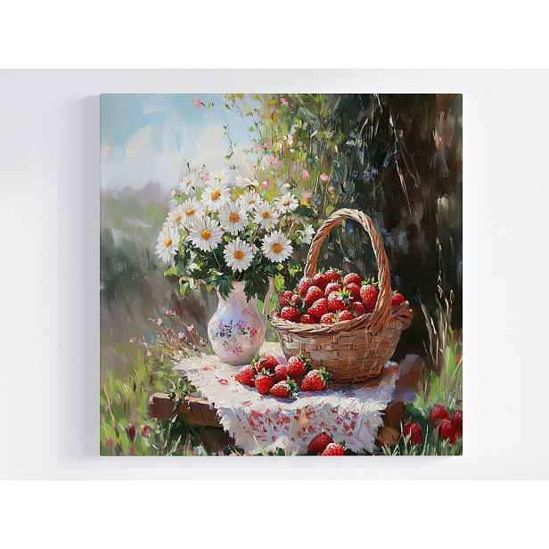 Obraz Na Plátně Canvas Zahrada Léto Květiny Váza Ovoce Koš Jahody 50x50