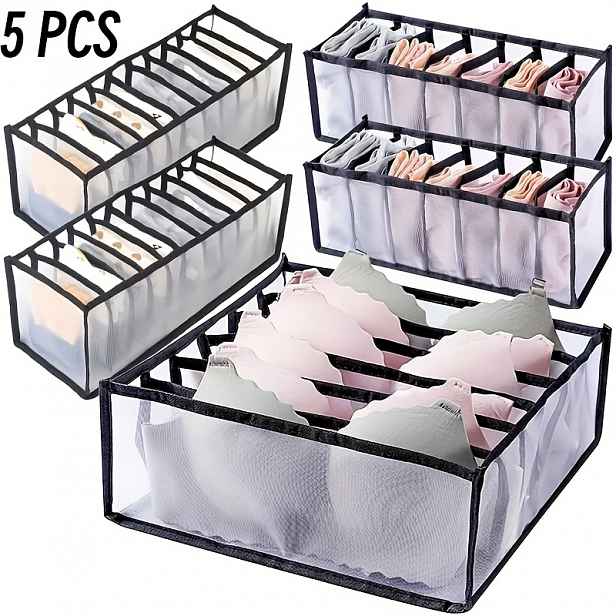 TEMU Sada 5 ks skládacích úložných boxů do šatníku – Organizéry na spodní prádlo s mřížkou – Vícevelikostní nylonové přihrádky do zásuvek na spodní
