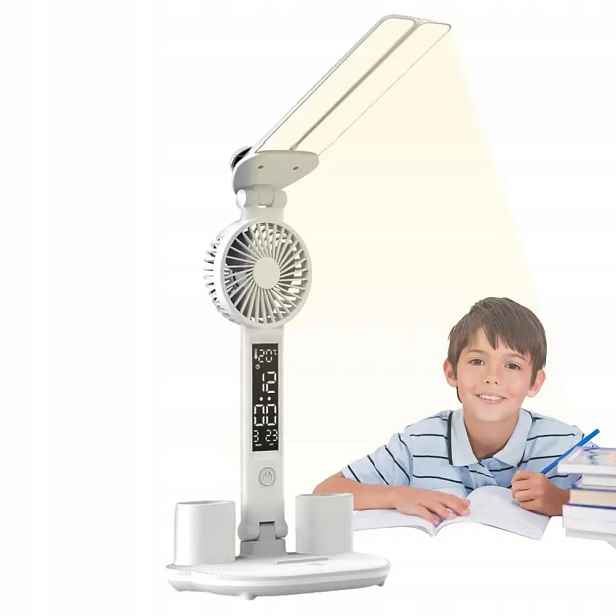 Výkonná Stolní Lampička 2-RAMENA 3BARVY Organizér Teploměr Hodiny Ventilátor
