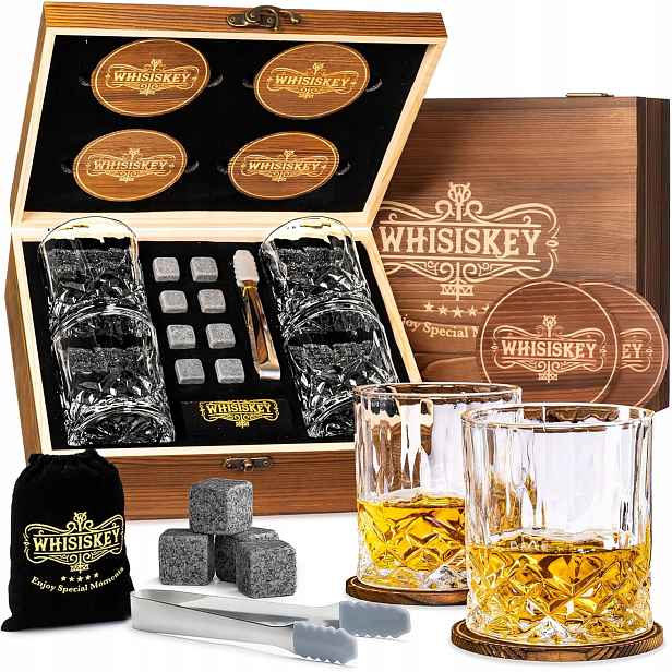 Sada na whisky Whisiskey – 4 sklenice, 8 kamenů, krabička