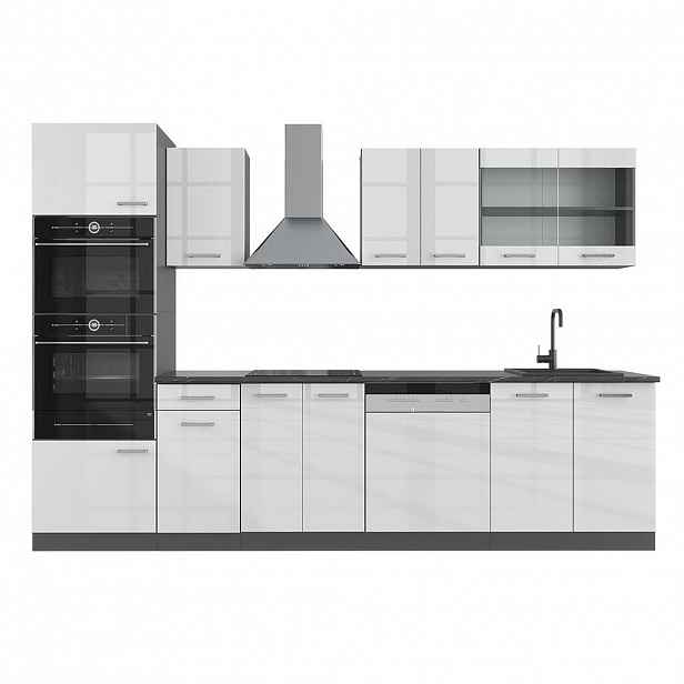Vicco KUCHYŇSKÝ KOUT R-Line Bílá vysoký lesk 300 cm s vysokou skříní, PD Antracit