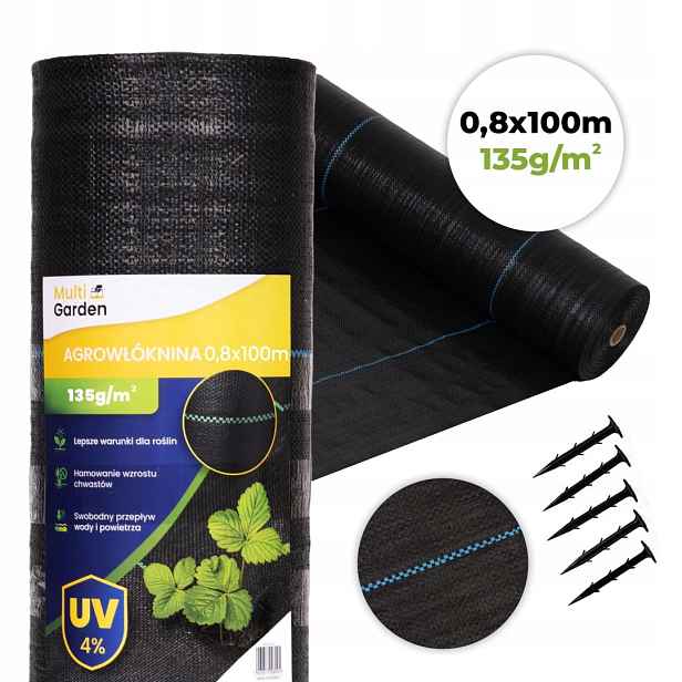 Agrotextilie černá agrotextilie Uv 135g protiplevelová rohož 0,8x100m kolíky M