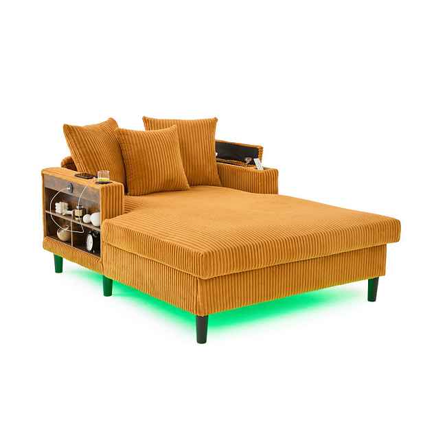Redom LENOŠKA 129/170/70 cm s LED osvětlením, USB portem, úložným prostorem a držáky nápojů, hořčicově žlutá