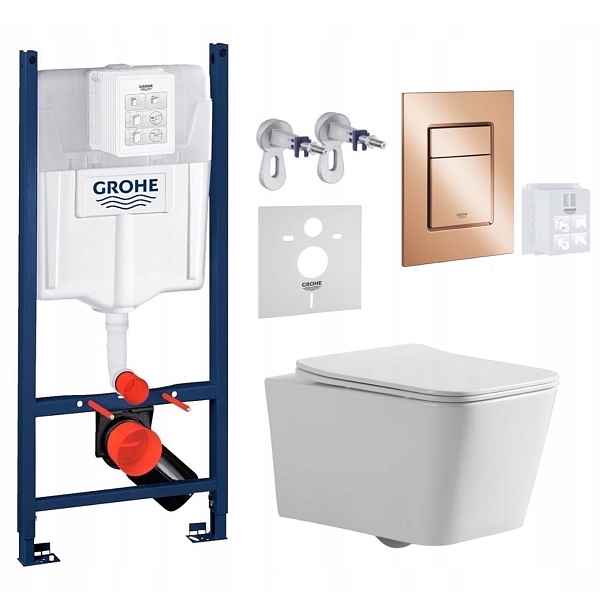 Wc stojan Grohe Rapid s mísou Bilovec Tornado a tlačítkem měď lesk
