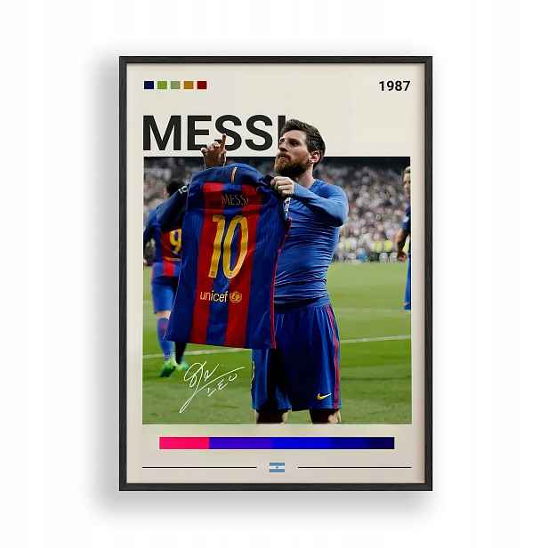Plakát Messiho s tričkem Fc Barcelona A3, dřevěný Rámeček černý 30x42 cm