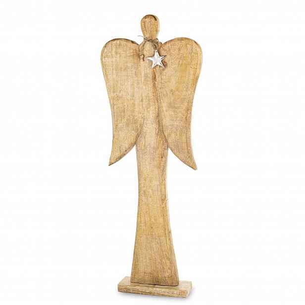 Dřevěný stojící anděl 83 cm, mangové dřevo, hliník, dekorace do domácnosti