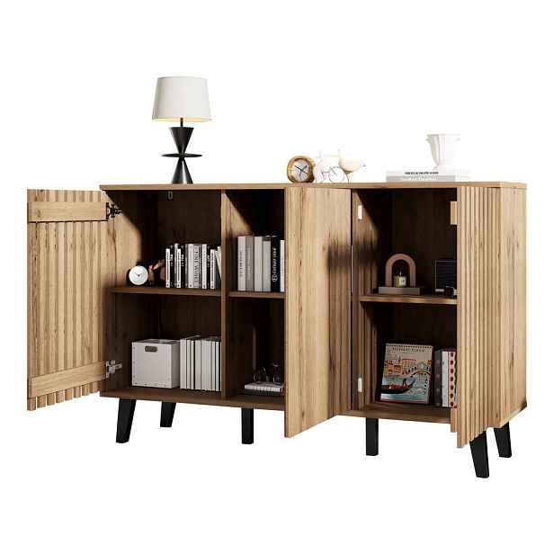 EVRYAE SIDEBOARD Úložná skříň 150/40/95 cm vzhled dřeva se 6 přihrádkami, hybridními dvířky, přírodní barvy, MDF, nosnost 40 kg
