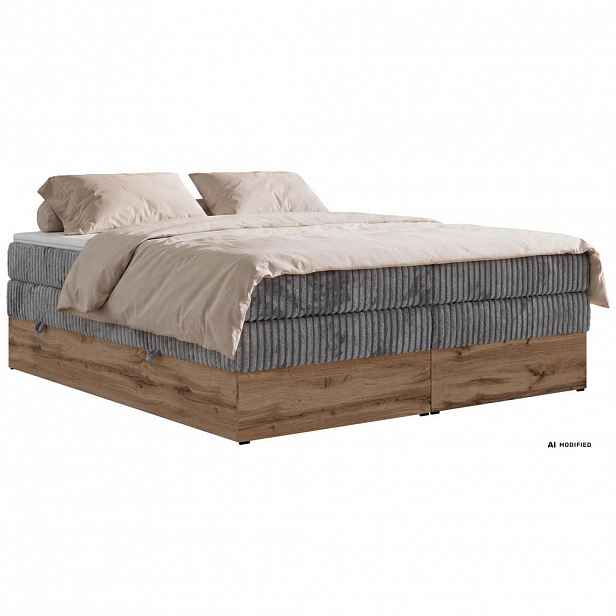 MKS POSTEL BOXSPRING WOOD ZERO KING 160/200 - Šedá Manšestr - Topper T25 - H3