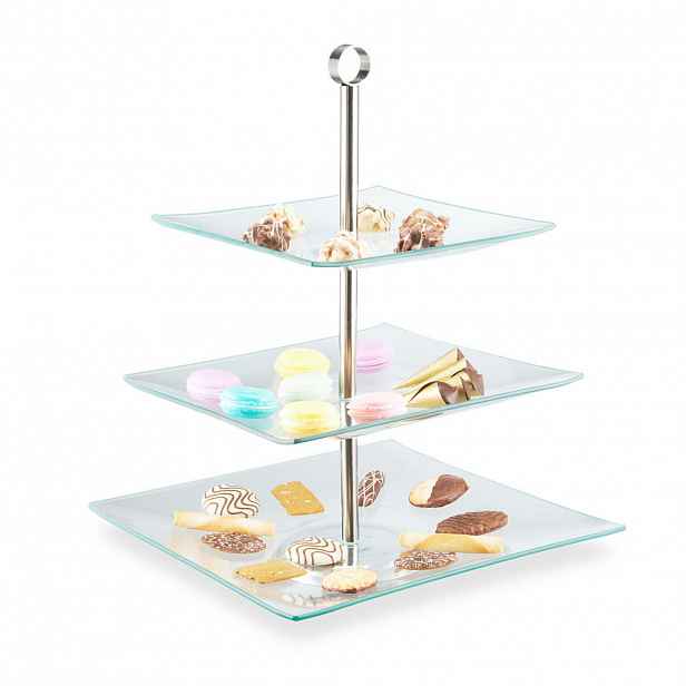 Relaxdays ETAŽÉR Transparentní Stříbrná 3-patrový Sklo Nerez 40 cm