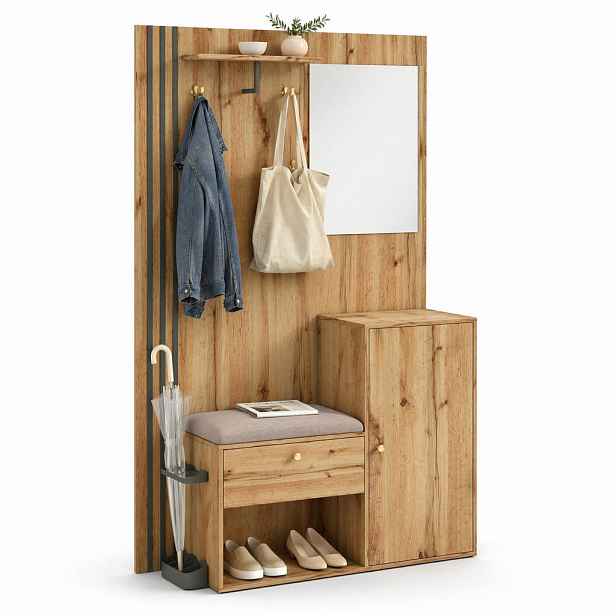 STILVORA PŘEDSÍŇOVÁ SESTAVA přírodní, se zrcadlem a sedákem, do vstupního prostoru a předsíně, 115×37×185 cm
