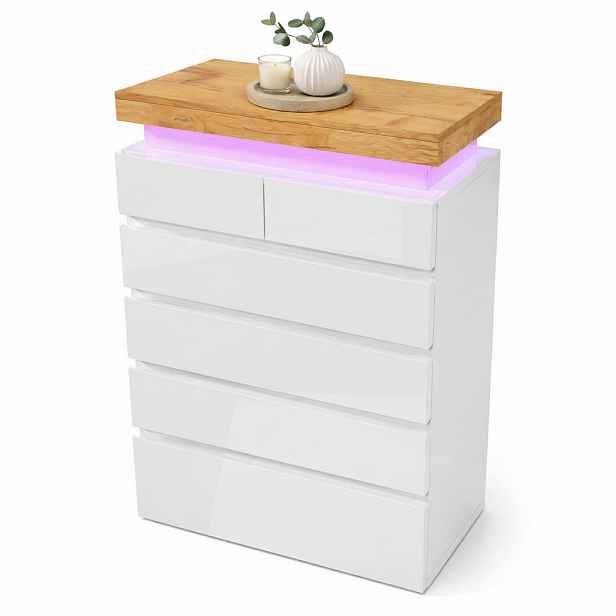 STILVORA KUCHYŇSKÁ SKŘÍŇ bílá lesklá, zásuvky, LED osvětlení, do obývacího pokoje a ložnice, 73×39×115 cm
