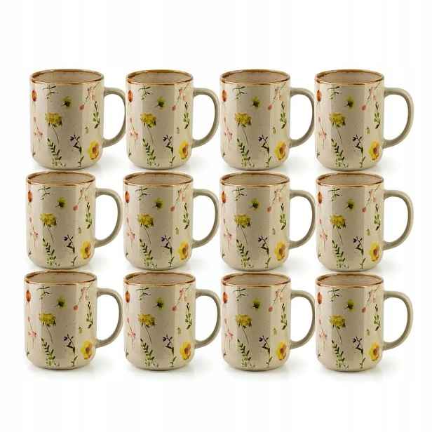 Porcelánové šálky na čaj 400 ml Sada 12 kusů s květinami a zlatem