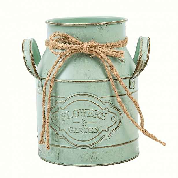 TEMU 1 ks Vintage kovová váza ve tvaru mléčného kbelíku | 6palcová váza na květiny s designem "Flowers & Garden", rustikální zelená povrchová úprava,