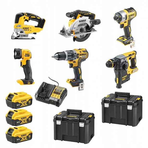 Sada DeWALT: DCD796, DCF887, DCS565, DCH273, DCS334, DCL040 3x 5Ah baterie, 2x kufr Tstak VI