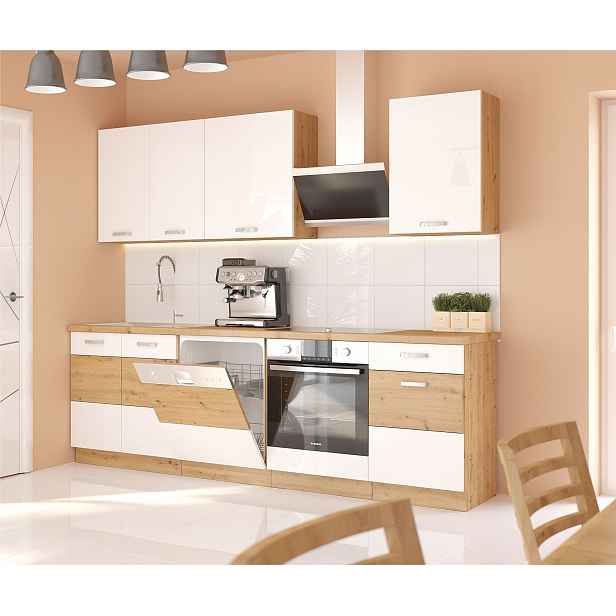 Kasvo ARTISAN 13 kuchyňská linka 250cm dvířka bílé lesklé / korpus dub artisan