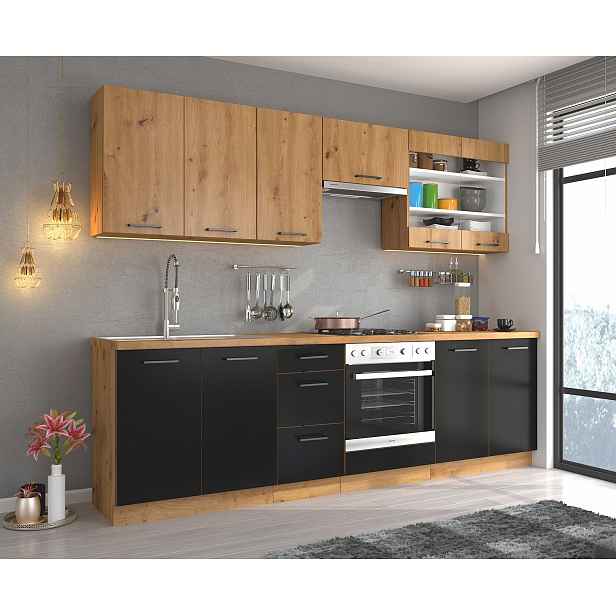 Kasvo MODENA 1 kuchyňská linka 260cm dvířka černé matné / korpus dub artisan