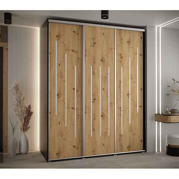 Šatní skříň YVONA 8 - 200/60 cm, černá / dub artisan / stříbrná