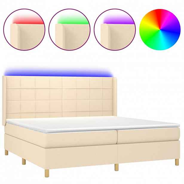 vidaXL Box spring postel s matrací a LED krémová 200x200 cm textil