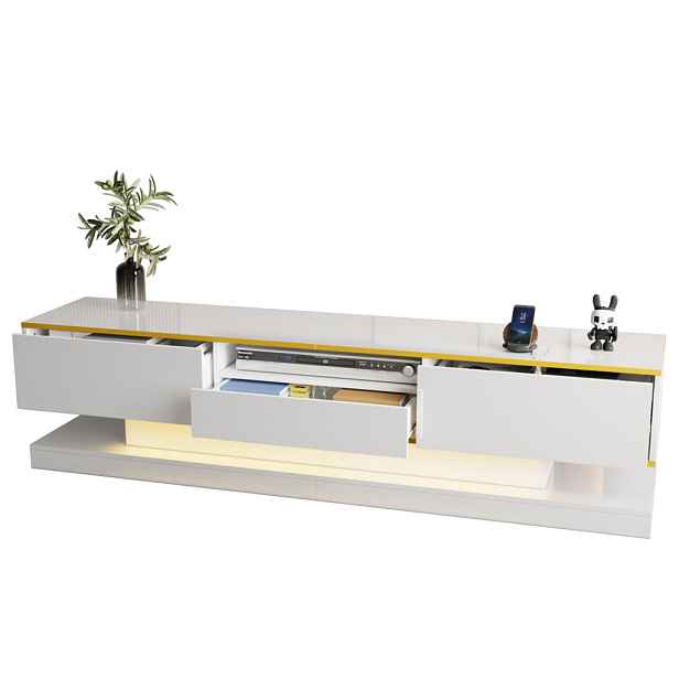 OKWISH TV stolek 180/38/45 cm bílý se zlatými detaily z dřevotřískové desky s LED osvětlením a třemi zásuvkami