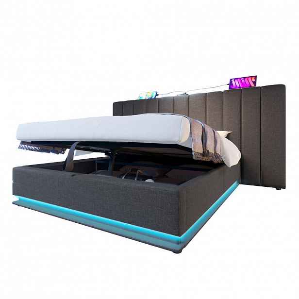 Redom ČALOUNĚNÁ postel 180/200 cm s matrací, LED osvětlením, USB a hydraulickým úložným prostorem, Šedá