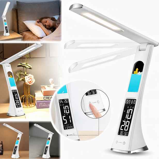 Skládací stolní lampa, noční lampa, Led hodiny s obrazovkou, bílá s motivem