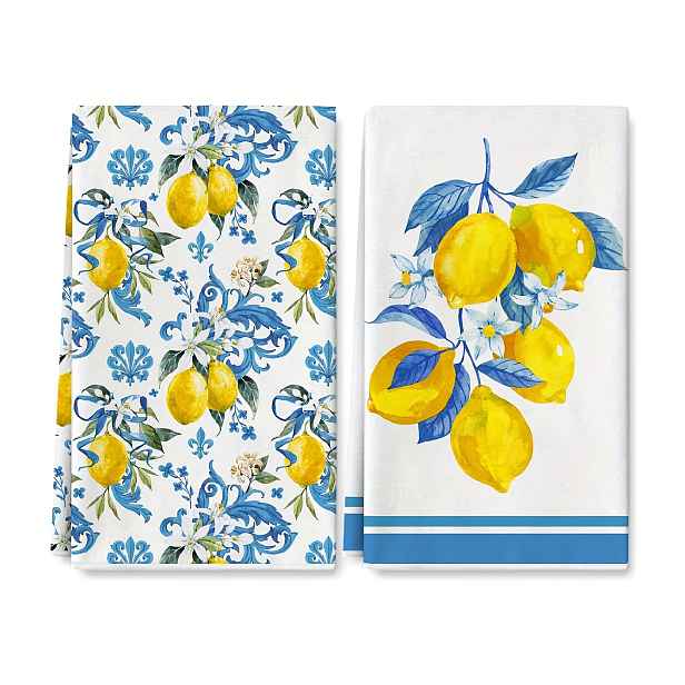 TEMU Sada 2 ks kuchyňských utěrek s citronu a srdíček - Ultra absorpční mikrovlákno, bez zápachu, látkové, zářivě žluto-modrý design, ideální pro