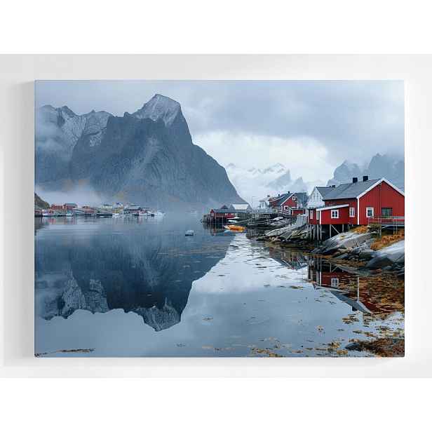 Plakát Norsko Lofoty Červené Domky Fiord Rorbu 100x75