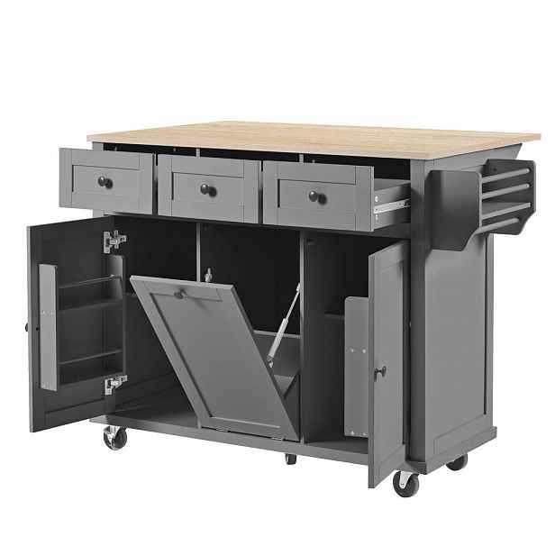 Redom KUCHYŇSKÝ ostrůvek 112/46,2-76,2/92,7 cm s výsuvnou pracovní deskou, úložným prostorem a kolečky, Přírodní/Šedá
