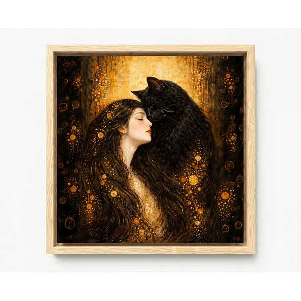 Obraz Rám American Box Portrét Žena Černá Kočka Gustav Klimt Styl 50x50