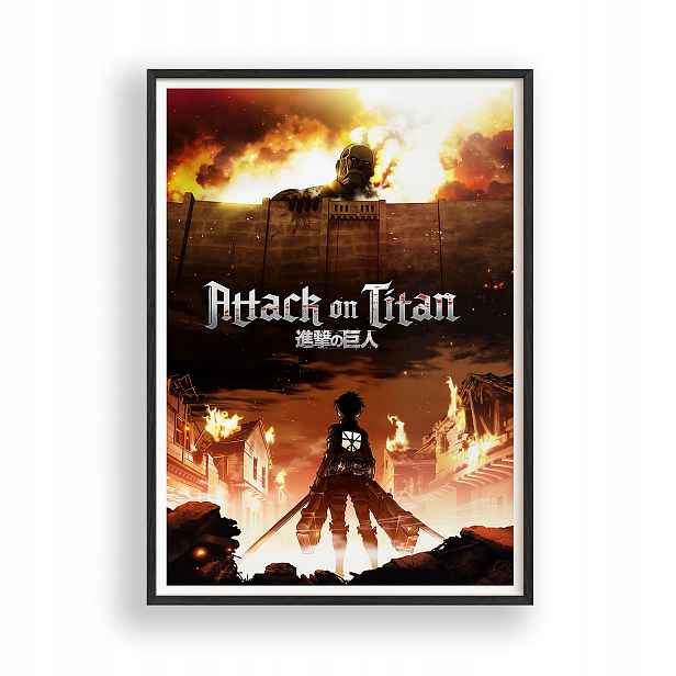 Obraz Útok titánů Attack on Titan Plakát Rámeček Dřevěný Černý 30x42 cm