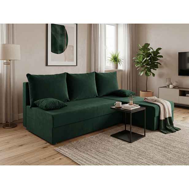 Rozkládací oboustranná sedací souprava do L VALERIO SLIM 200x140 cm, tmavě zelená + 2 polštářky ZDARMA
