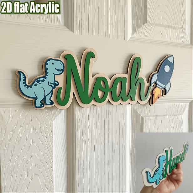 TEMU 2D plochý - [2D plochý] 2D plán, personalizovaný akrylový Rex s vlastním jménem a - nástěnná dekorace s dinosauří, do ložnice, , personalizovaná