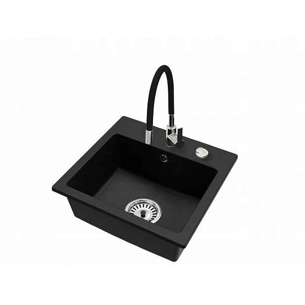 Kuchyňský granitový dřez Černý Baterie Flex Sifon Chrom Automat