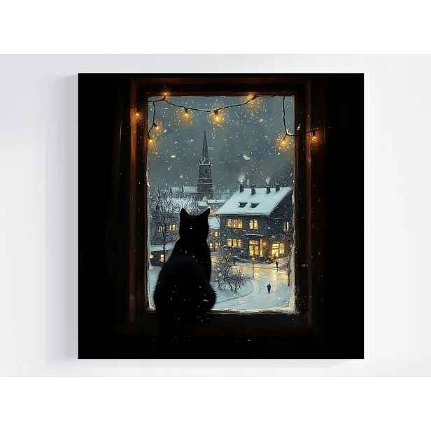 Obraz Na Plátně Canvas Okno Pohled Město Zima Noc Černá Kočka Divák 50x50