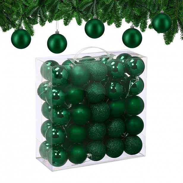Relaxdays VÁNOČNÍ KOULE Tmavě zelená 50-dílná sada plast 7x6 cm