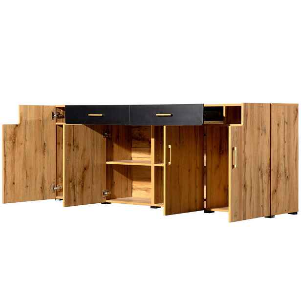 EVRYAE SIDEBOARD se 2 zásuvkami a 4 přihrádkami, MDF vzhled dřeva, stabilní dřevěné nohy, rustikální design
