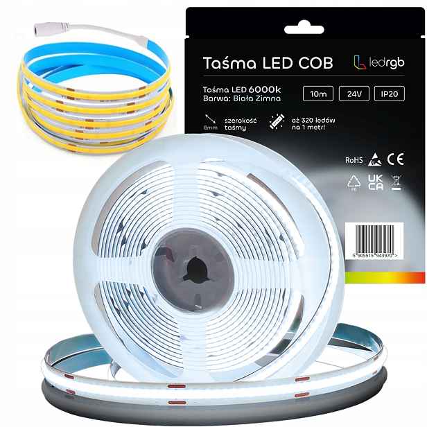 Led pásek Cob 24V 10M rolka 320 LED/m Neon 6000K Bílá Studená silná 8 mm