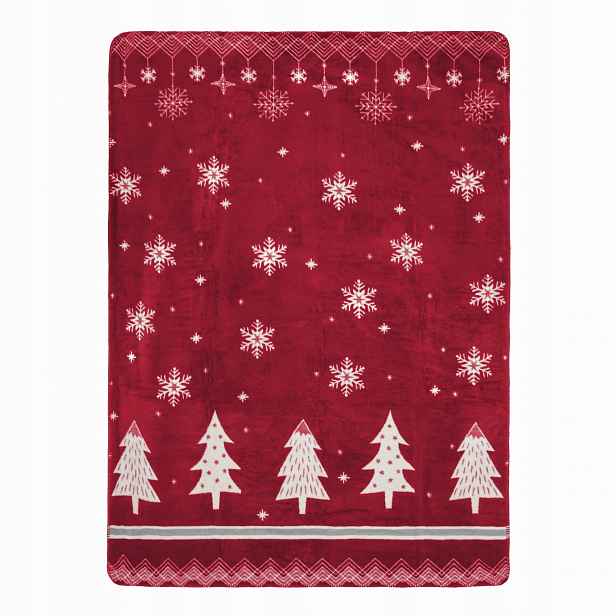 Vánoční přikrývka Tree 150x200 červená s vánočními stromky a sněhové vločky