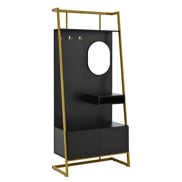 OKWISH ŠATNÍ skříň 78/38,5/180,5 cm černá z MDF a kovu se zrcadlem a háčky
