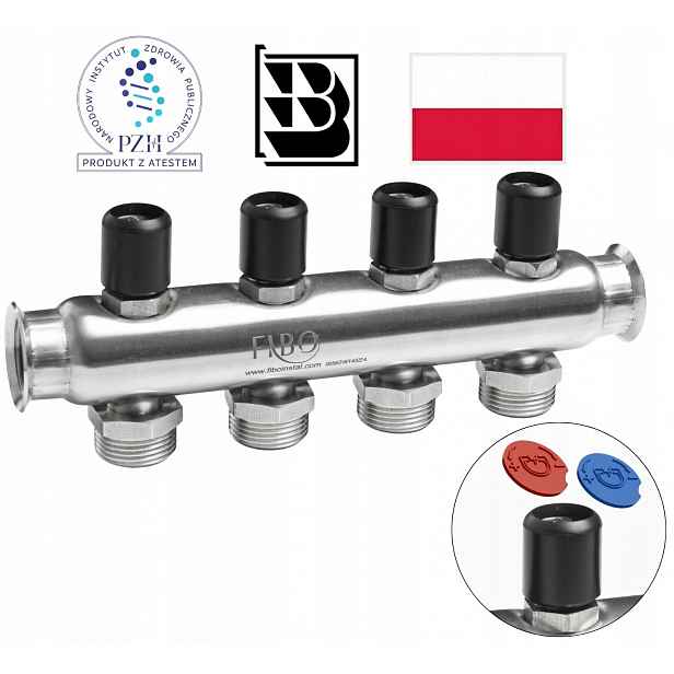 Rozdělovač Inox Home na pitnou vodu 3/4″ z nerezové oceli, 4 sekce