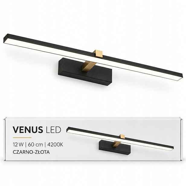 Venus 12W 60 cm Led lampa do ložnice, černá a zlatá, nad postel, IP44, velikost 4200K