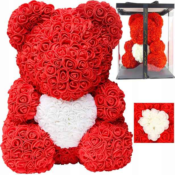 Medvídek z růžových lístků Červená kytice Dárek Růže 40 cm Růžička