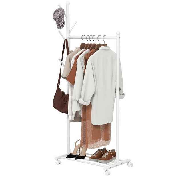OKWISH KOVOVÝ věšák na oblečení 68/43/171 cm bílý z kovu s kolečky, háčky a botníkem
