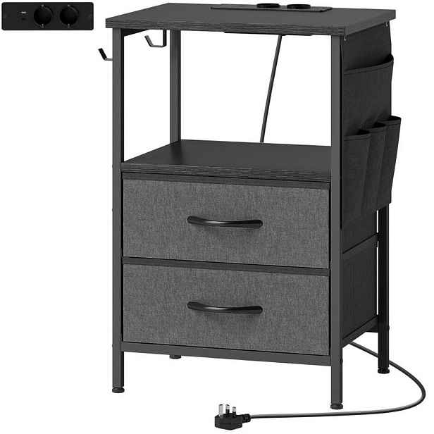 Redom ODKLÁDACÍ stolek 40/30/60 cm s nabíjecí stanicí, USB-A, USB-C, 2 textilními zásuvkami a ocelovou konstrukcí, Černá